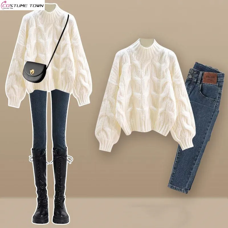 Autumn/Winter Korean New Women\'s Set Half High Collar Knitted Knitted Flower Sweater+Slimming Jeans Two Piece Set