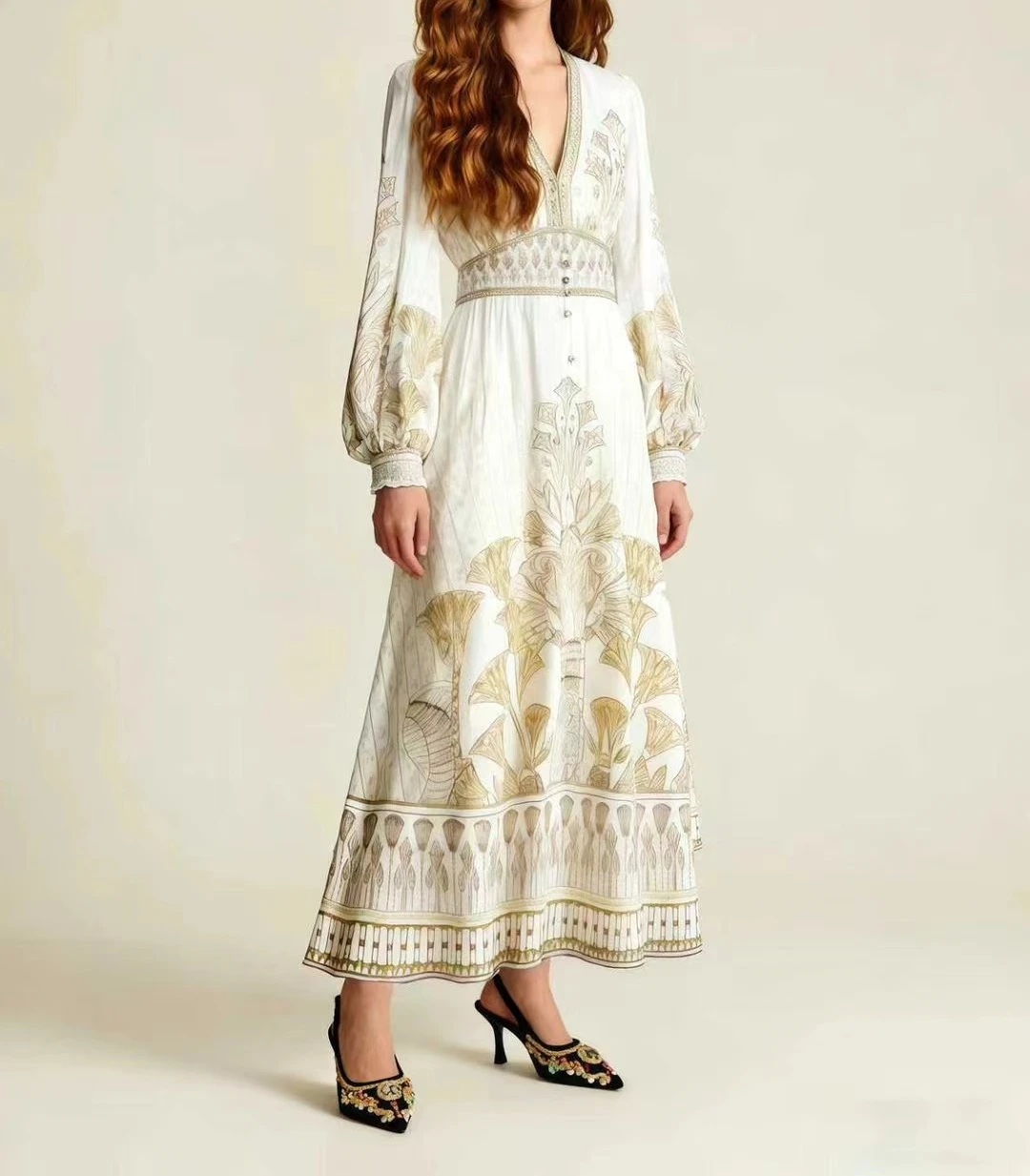 白い花柄プリントの長袖ディープVネックミディ丈ワンピース パーティー用 2026年 高品質