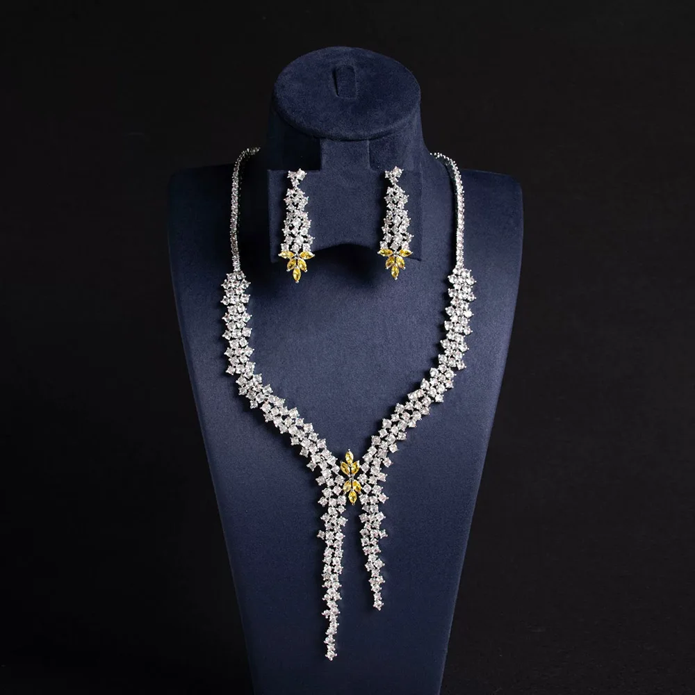 Women Luxury Floral Zircon Jewelry Set Long Tassel Pendant Necklace Earrings Inlaid CZ Stone Elegant Wedding Banquet Fine Jewelr