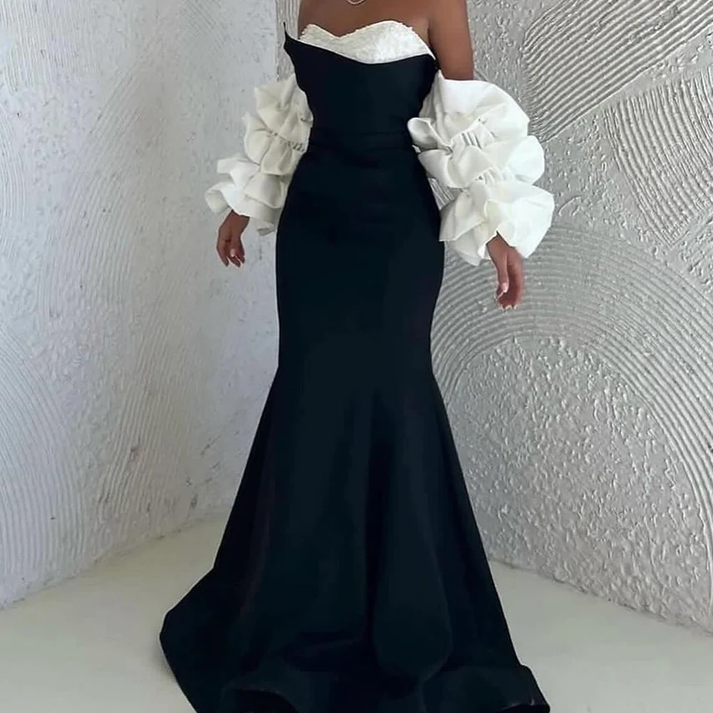 Customized Temperament Mermaid Jersey Off the Shoulder Evening Dress Fashion Strapless Long Sleeves Floor Length Celebrity Gowns