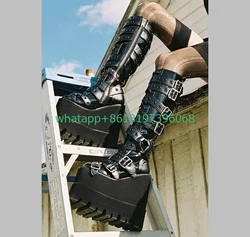 Lady black PU super platform calf boots punk style sexy buckle metal inner height top boots Y2K style bohemia style boots size