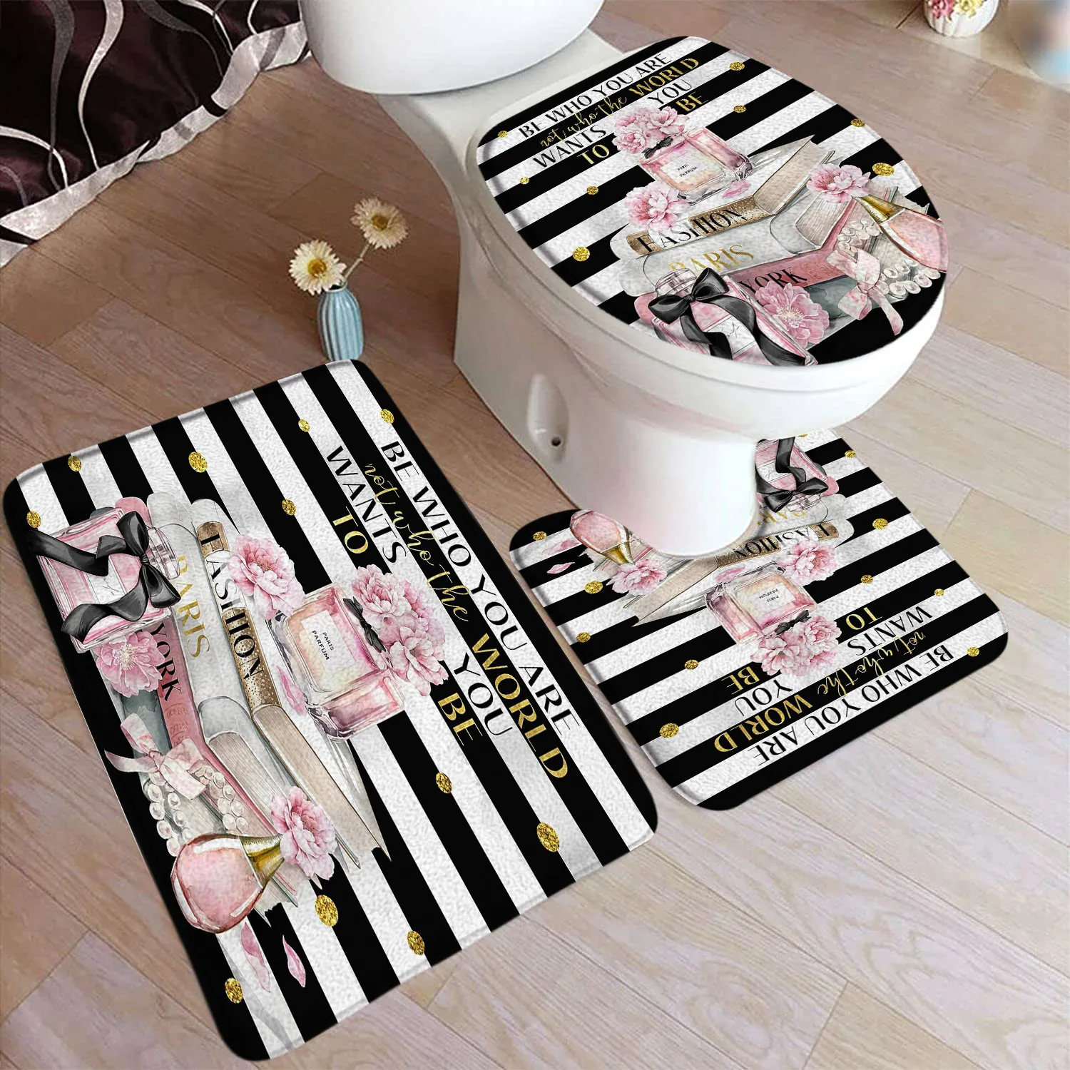 Pink High Heeled Perfumed Bath Mat Set Fashion Lipstick Floral Black White Striped Home Carpet Bathroom Decor Rugs Toilet Cover