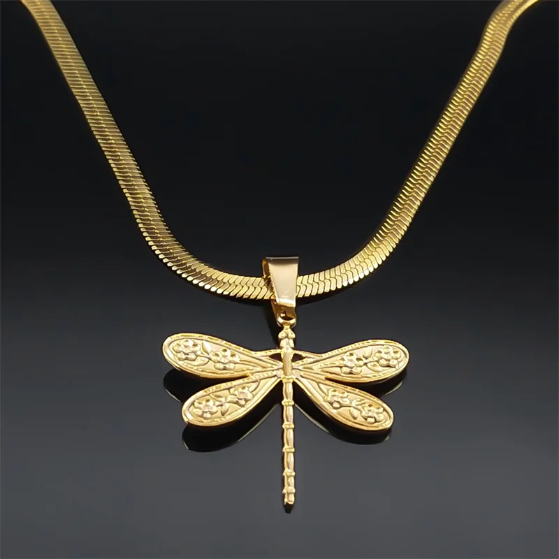 Vintage Personality Dragonfly Pendant Necklace For Women Stainless Steel Gold Color Clavicle Chain Necklaces Jewelry NZZZ402S04
