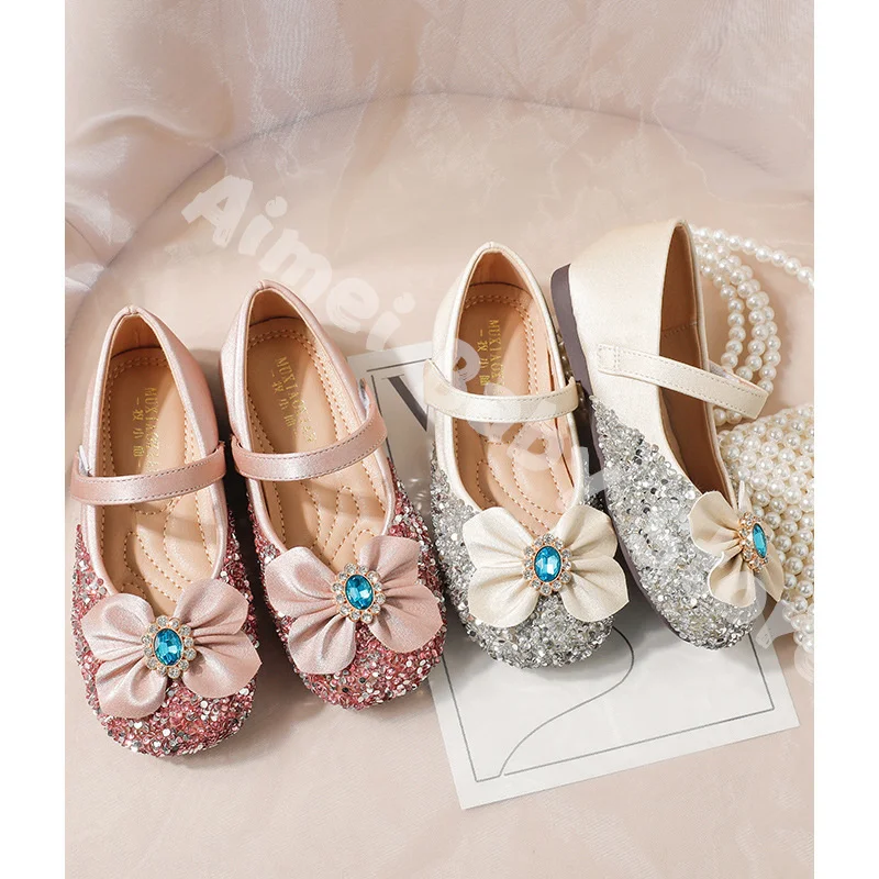 Girls' Soft Sole Children's Princess Shoes 2023 Spring and Autumn Crystal Shoes Bow Leather Shoes Little Girls' Dress Shoes