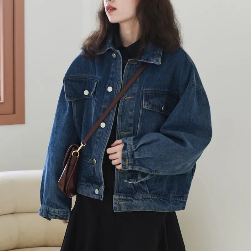 Basic Jackets Women Ins Style Denim Simple College Office Ladies Spring Clothing Loose Leisure Solid Single Breasted All-match