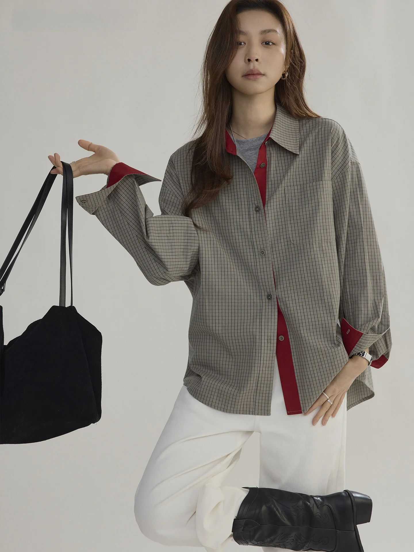 

Joli Choose Contrast Color Loose Long Sve irt Women's ey id Vintage Hong Kong Sle Design Sense irt