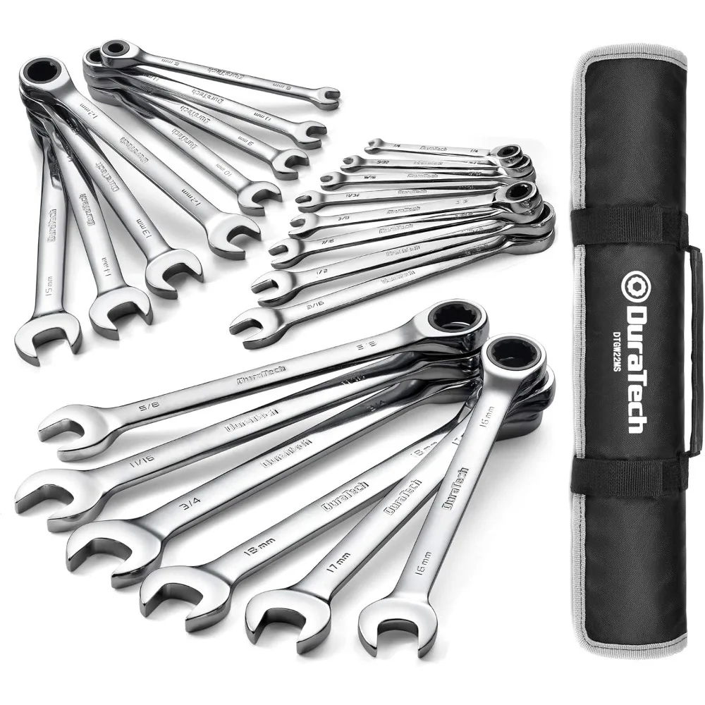 

Ratcheting Wrench Set, Combination Wrench Set, SAE & Metric, 22-piece, 1/4" to 3/4" & 6-18mm, CR-V Steel, with Pouch