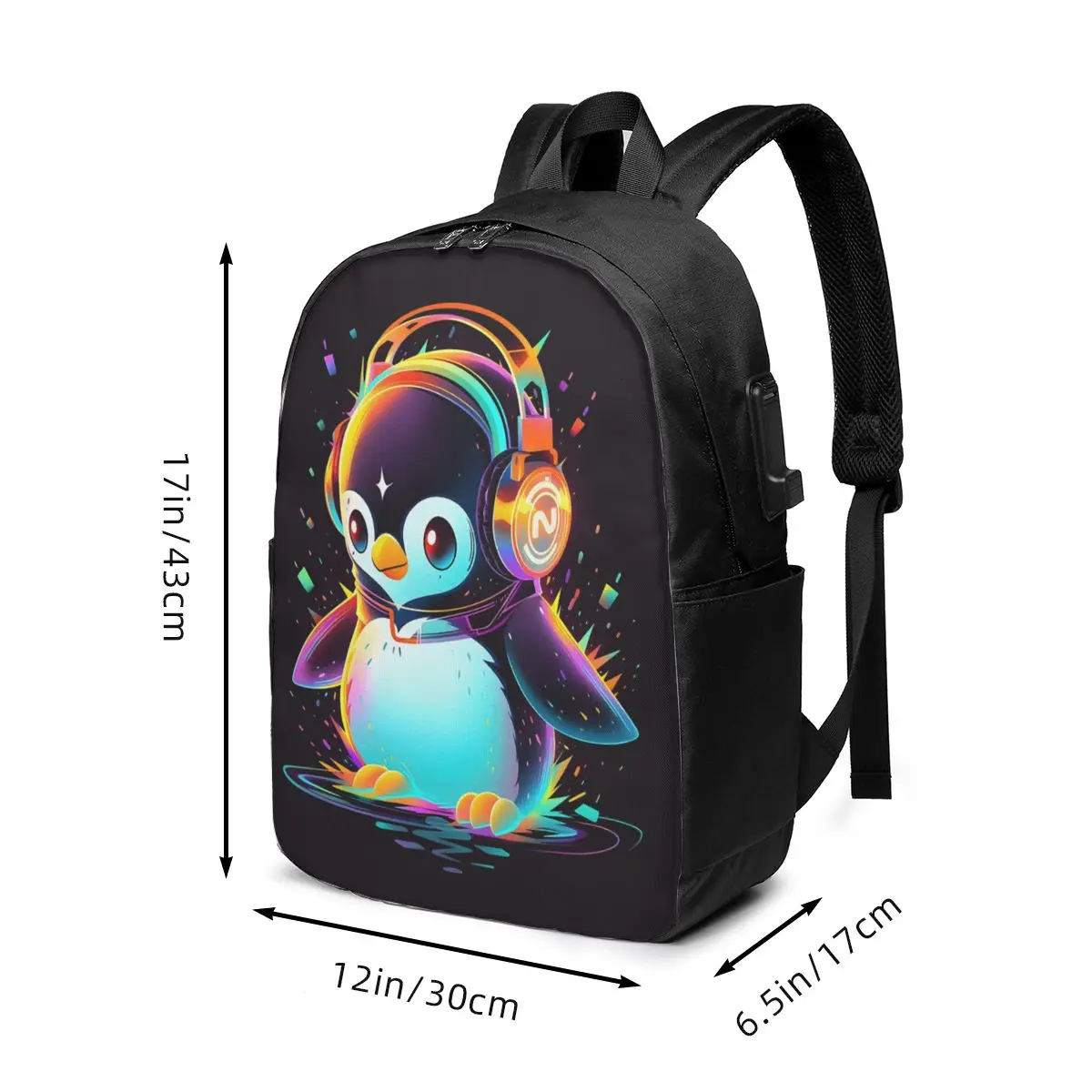 Colorful Penguin With Headphones Cartoon Backpack Travel Notebook Bag Computer College Student School Bag Laptop Shoulder Bags