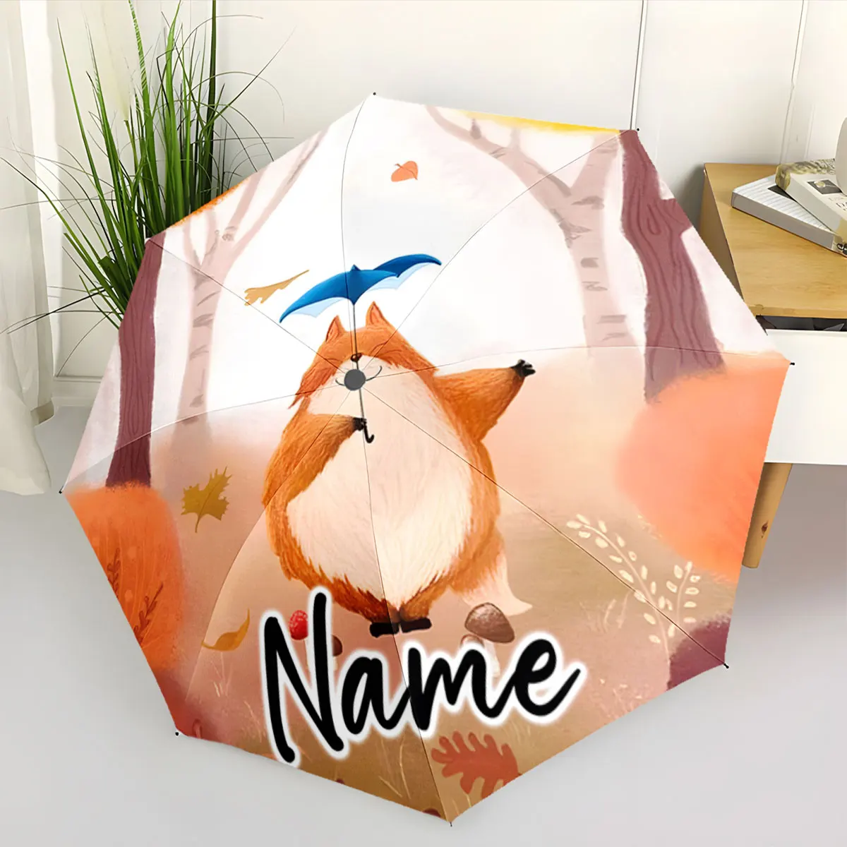 Custom Name Umbrella Forest Fox and Blue Umbrella Design Print 8 Iron Ribs Folding Umbrella Auto-Open Fashion Sunshade