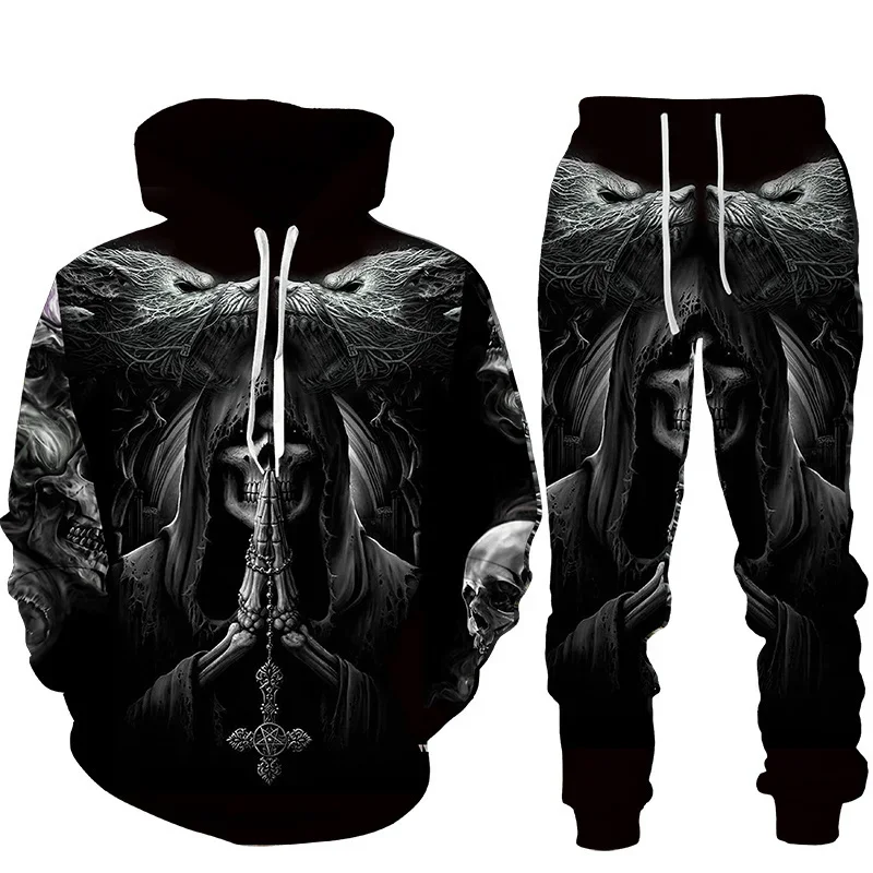 2024 Autumn Winter Men Hooded Sweatshirt Suit Horror Skull 3D Print Fleece Jogging Sweatshirts Oversized Streetwear Tracksuit