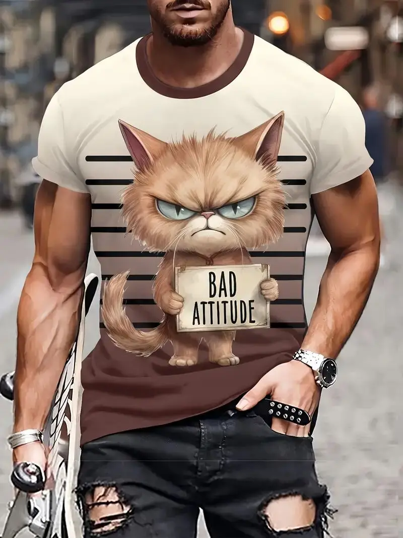 

Cartoon Men's T-shirt Cat Pattern Print Summer Casual Short Sleeve T-shirt Street Round Neck Short Sleeve Top Oversized Clothing