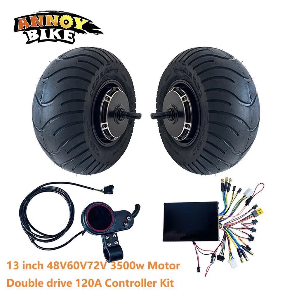 13 inch Double Drive Hub Motor Kit 48V 60V 72V 3500W 60H Wide 120A Electric Motorcycle LCD Display 13x6.50-6 Scooter Motor Wheel