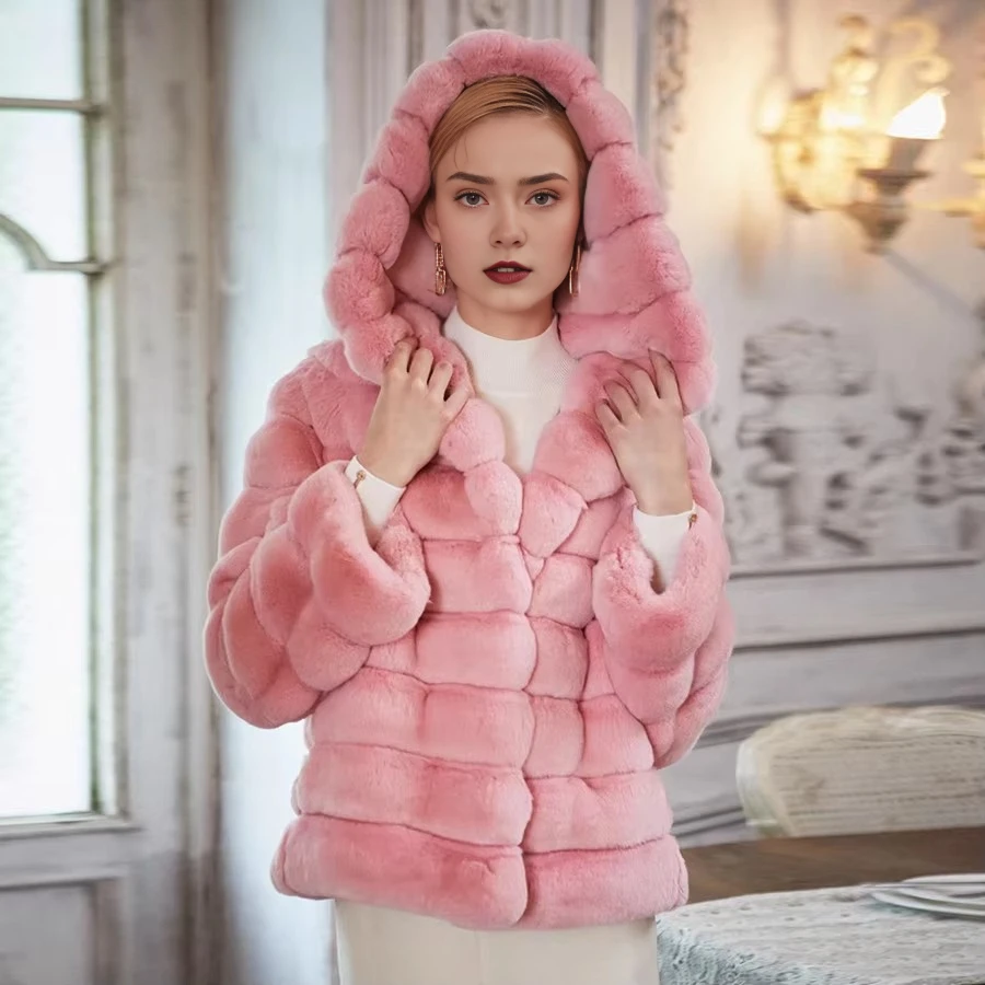 

Winter Chinchilla Fur Coat Women Real Rex Rabbit Fur Coat With Hood High Quality Women's Short Coat