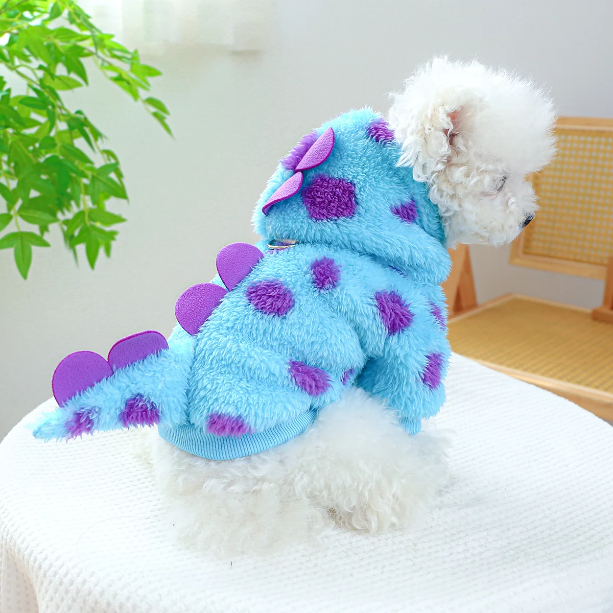 1pc Pet Clothing Dog Autumn And Winter Thickened Warm Blue Dinosaur Hooded Coat With Drawstring For Small Medium Dogs