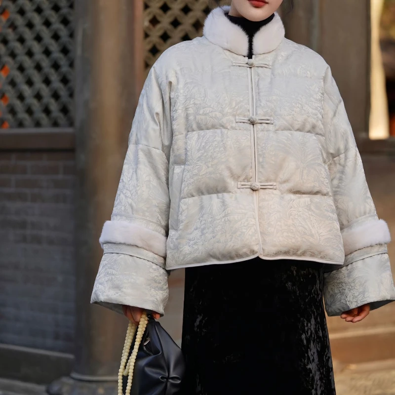

2025 Winter Fall Dobby Floral Fur Patchwork Padded Parka Coat , Woman Autumn Vintage Thick Warm Loose Quilted Parkas Coats