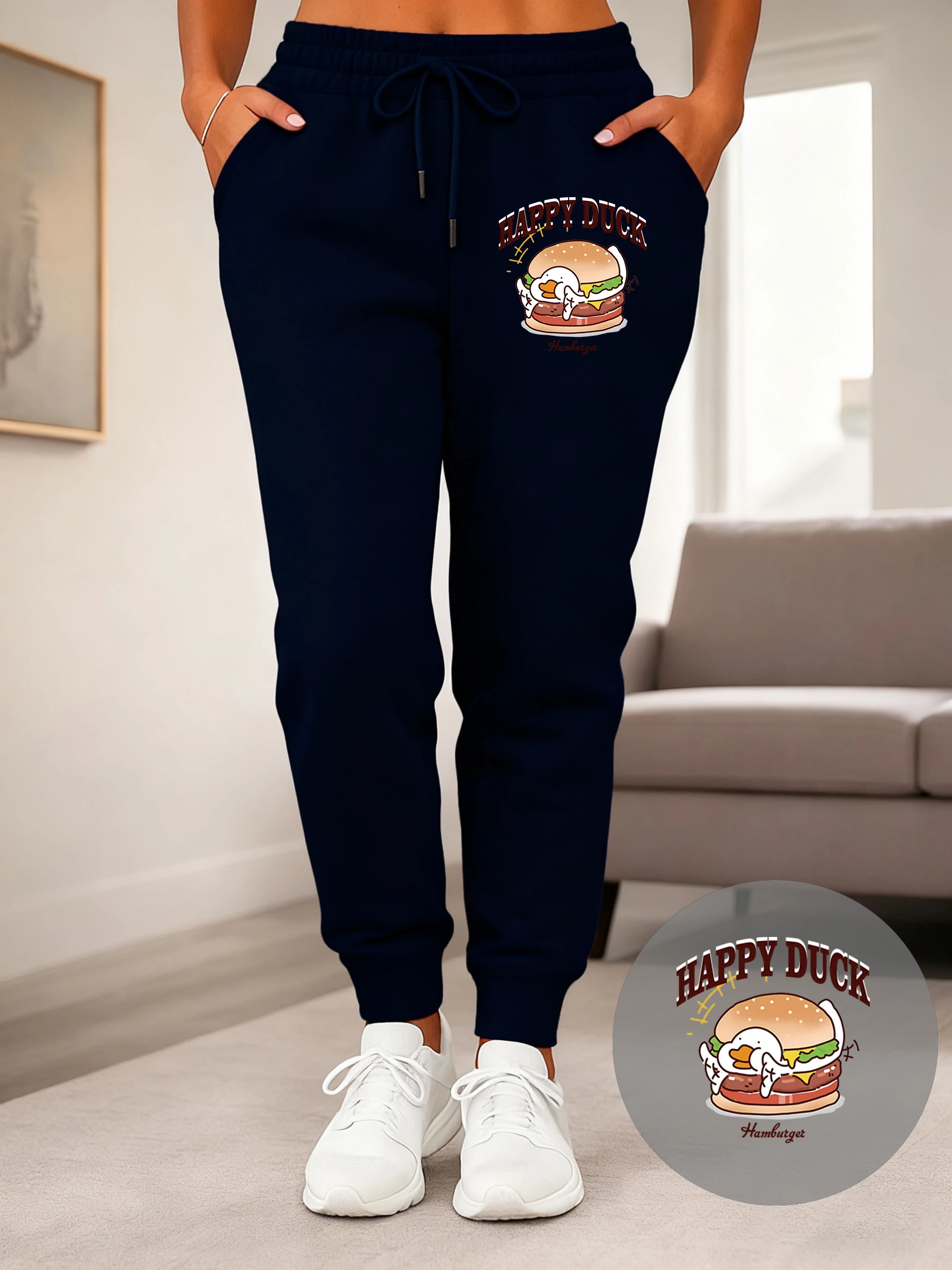 ハッピーハンバーガーダックプリント女性スウェットパンツフリースファッションジョギングパンツ女性ヒップホップ秋のズボン快適なカジュアルパンツ