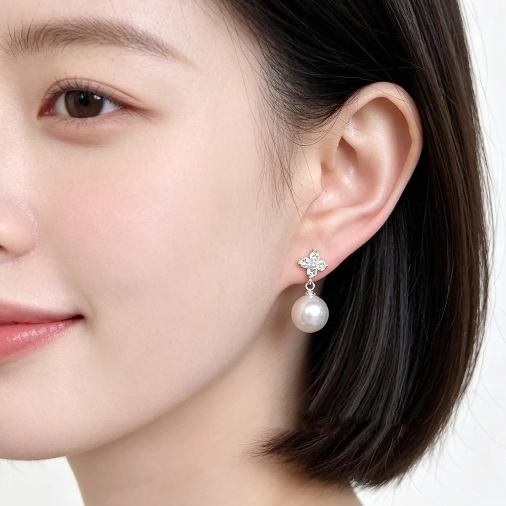 Copper Base Cubic Zirconia Stud Earrings with White Pearl Drop,  Fashion Jewelry for Women Wedding Party
