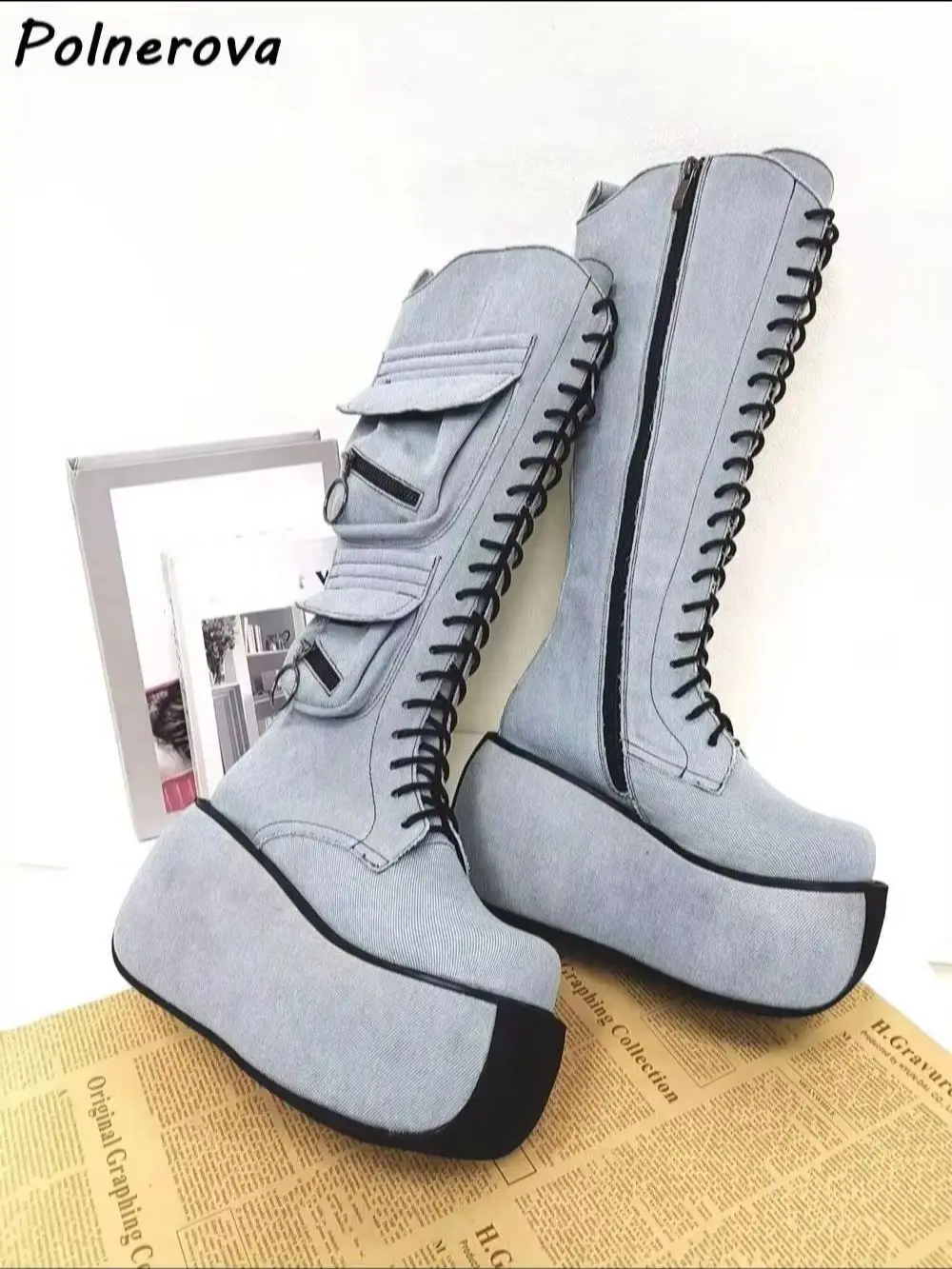 Y2K Denim Pocket Platform Wedge Boots Gothic Lace-Up Cargo Combat Knee High Boots with Zipper Pockets Patchwork Winter Shoes