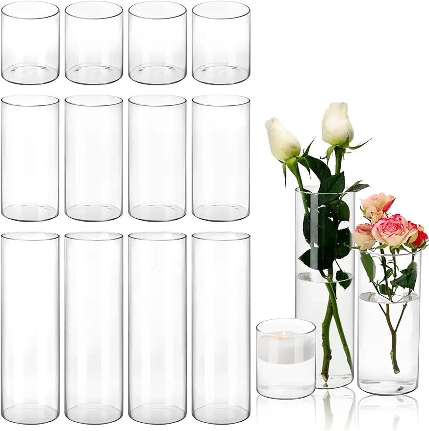 

15pcs Glass Cylinder Vase Hurricane Candle Holder Clear 3 Different Sizes Tall Clear Vases for Wedding Centerpieces Glass