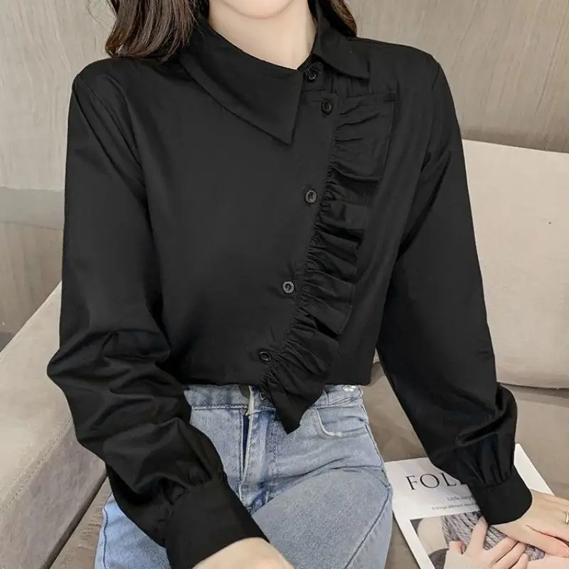 Fashion Versatile Women\'s Clothing Splice Buttons Pleated Diagonal Collar Long Sleeved Simplicity Solid Color Commuting Shirt