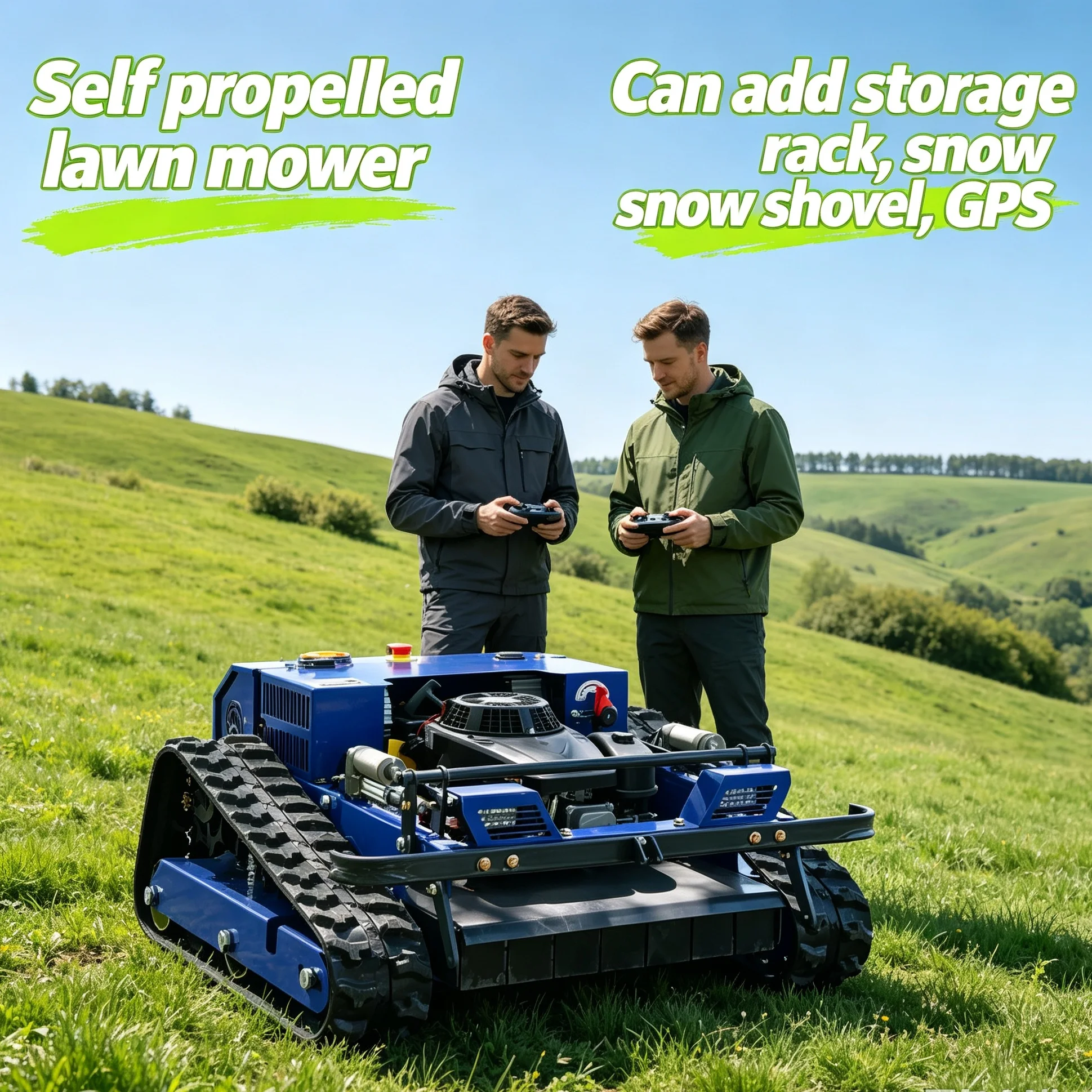 Customized Self-propelled Remote Lawn Mower collocates snow shovel and storage rack to output stable torque for heavy trimming
