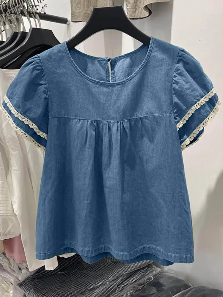 ZANZEA Fashion Lace Trim Denim Blouses Women Korean Style Elegant Double-Layered Short Sleeve Blusas Casual O Neck Tunic Tops