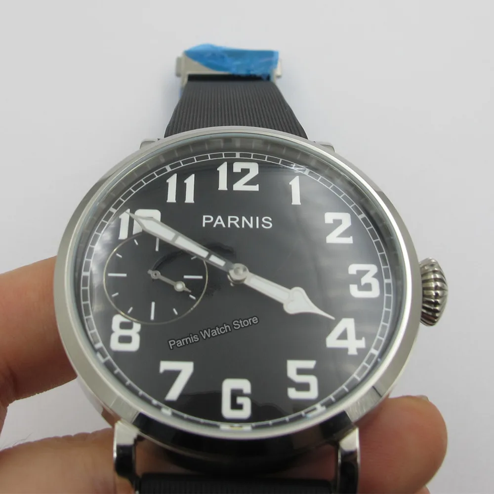 Parnis 46mm Hand Winding Movement Men\'s Watch Stainless Steel Case Rubber Strap