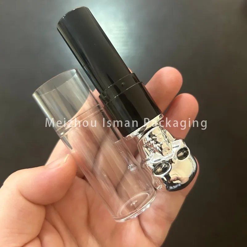 50 pçs vazio preto natal dia das bruxas metal tira crânio cabeça batom recipiente de maquiagem tubos de bálsamo labial embalagem de brilho labial