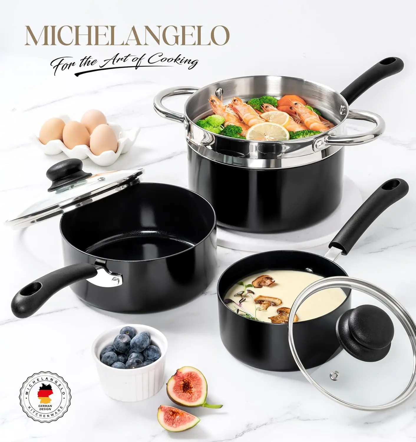 

MICHELANGELO Non-stick Pan with Lid, Ceramic Cookware Set with Steamer,Easy-to-clean Pots,Multi-purpose Cooking Pot with Steamer