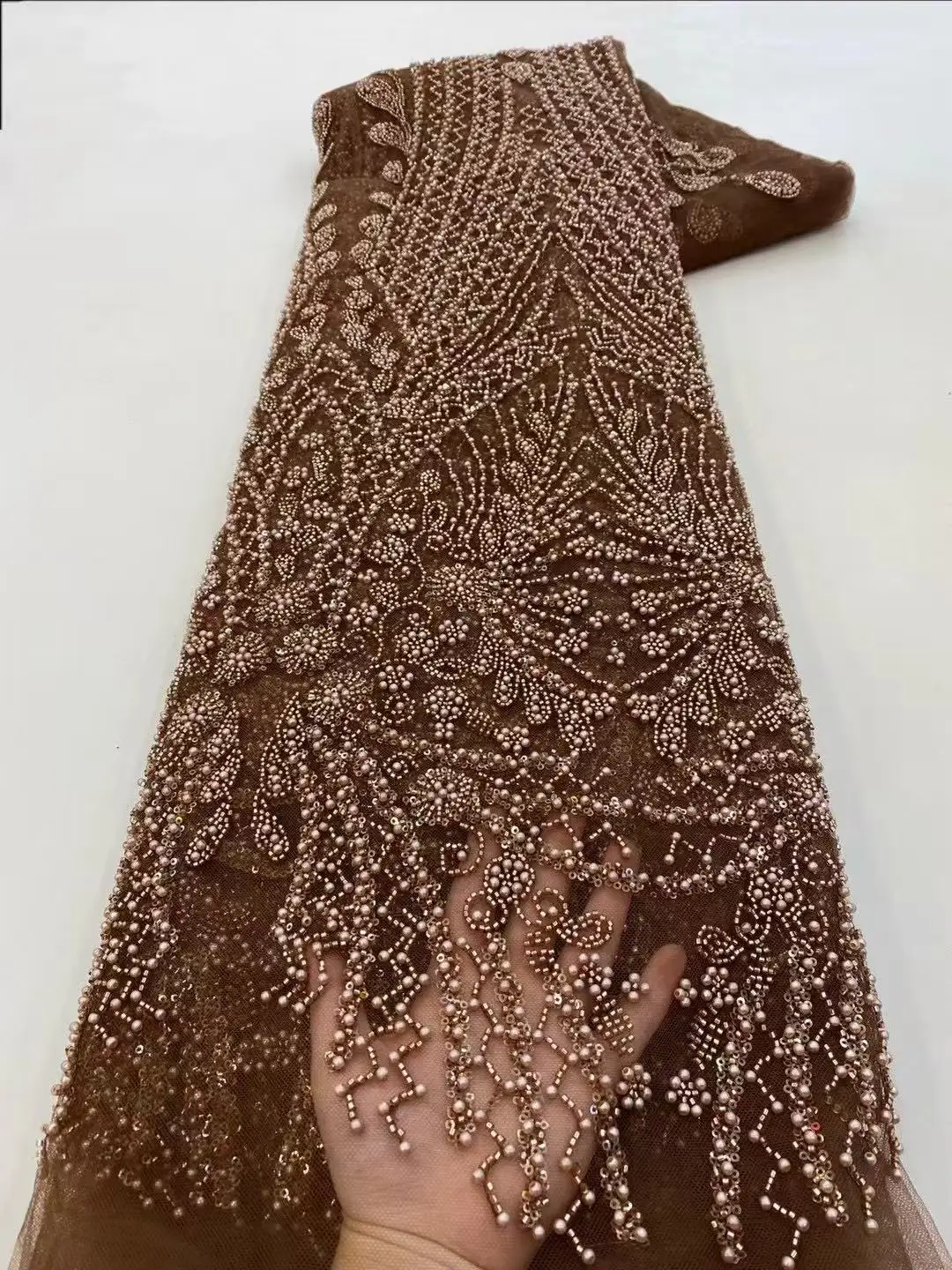 

Brown Sequin Beaded Embroidery Lace Fabric Elegant French Net Lace Fabric With Beads Nigerian Sequins Lace Fabrics Sewing