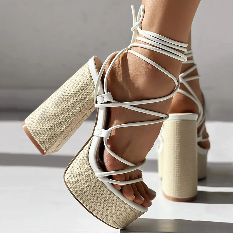 Fashion Women Casual High Heels Sexy Shoes Solid Color Summer Beach Wear Multi Strap Tied Detail Chunky Heeled Sandals