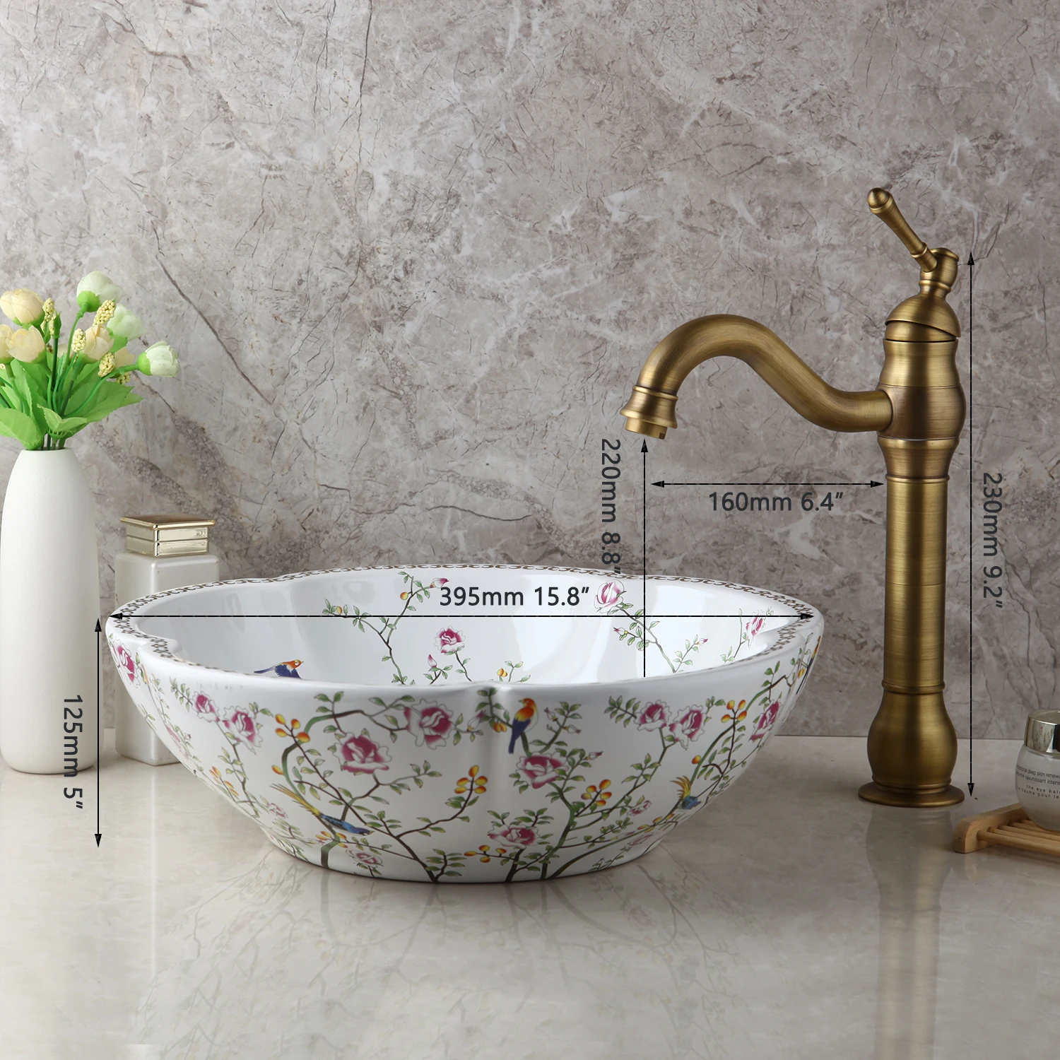 ZAPPO Above Counter Ceramic Vessel Sink For Bathroom Round Petal Shaped Flower & Bird Pattern Wash Basin Bowl Sinks With Faucet