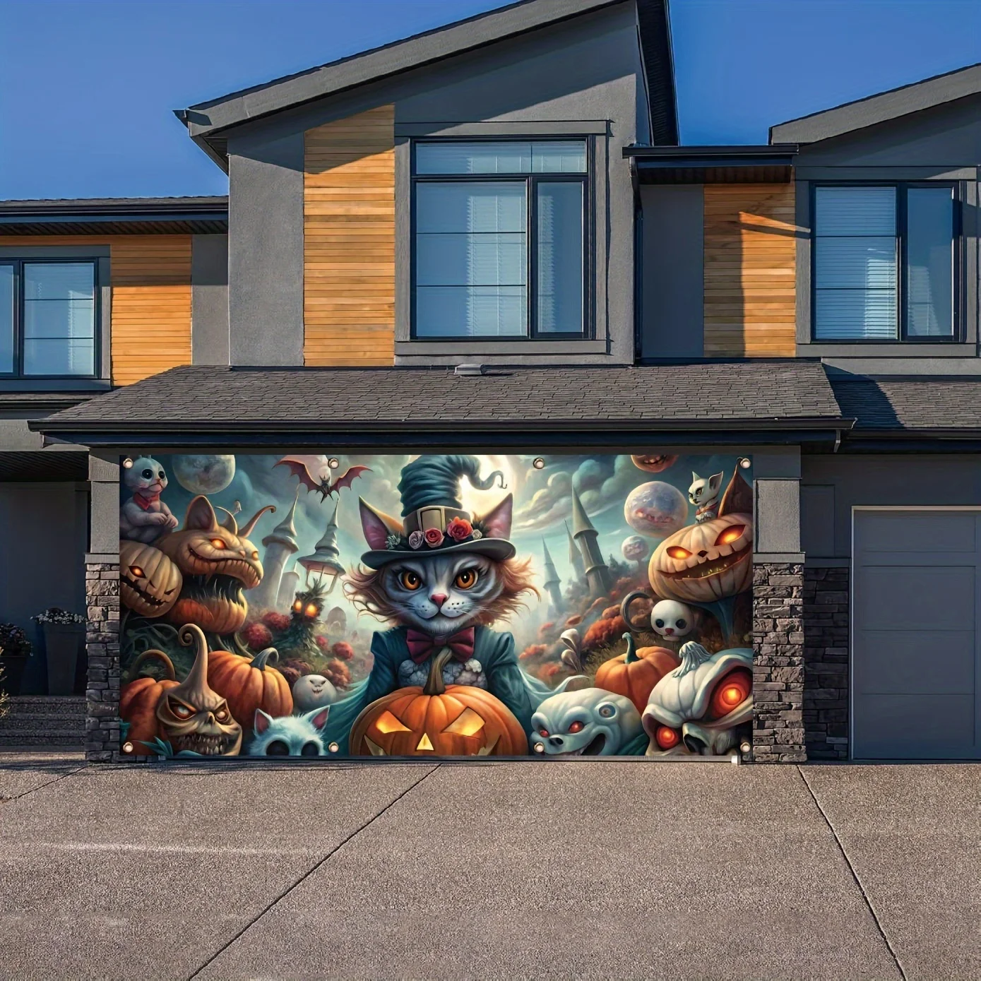 Banner de puerta de garaje de Halloween, fondo de gato mágico y reino monstruo de fantasía, fondo de fiesta de poliéster