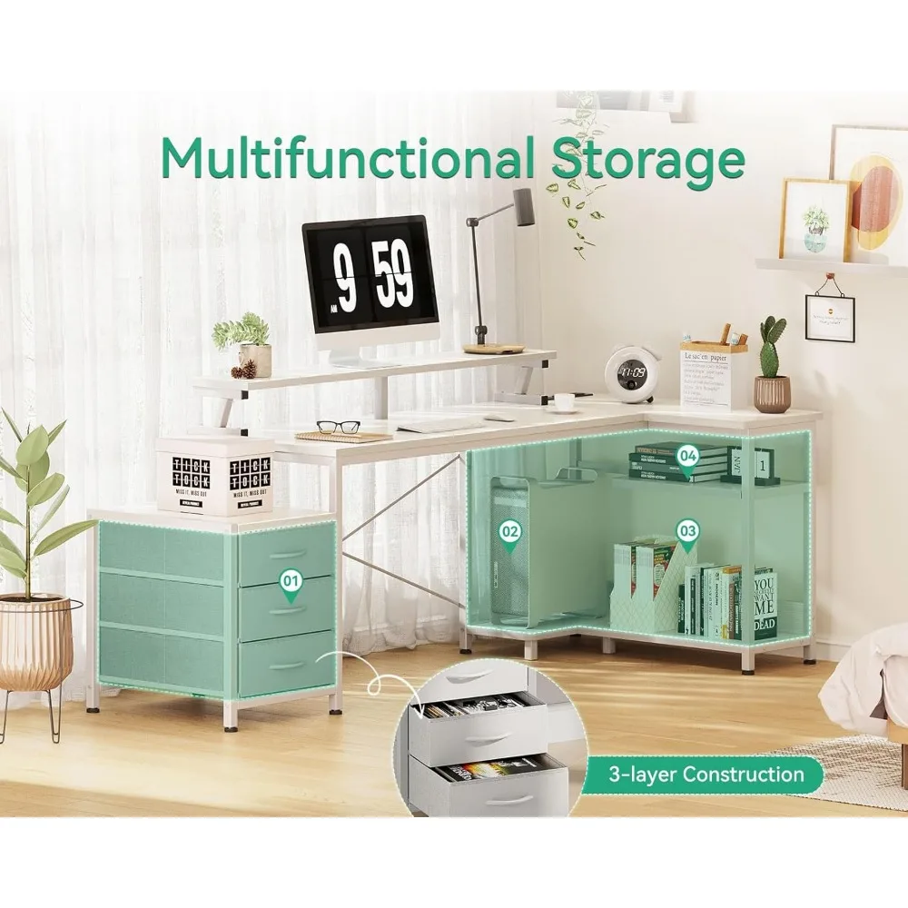 引き出し付きのL字型ゲームデスク,LEDライト付きのリバーシブルコーナーコンピュータデスク,大きなホームオフィスデスク,収納棚