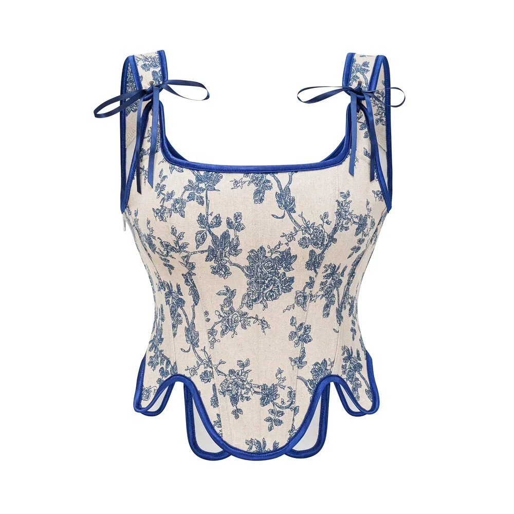 

Women Medieval Retro Floral Print Overbust Corsets Tops Body Shaper Lingerie Sexy Side Zipper Shoulder Strap Bustier Vest