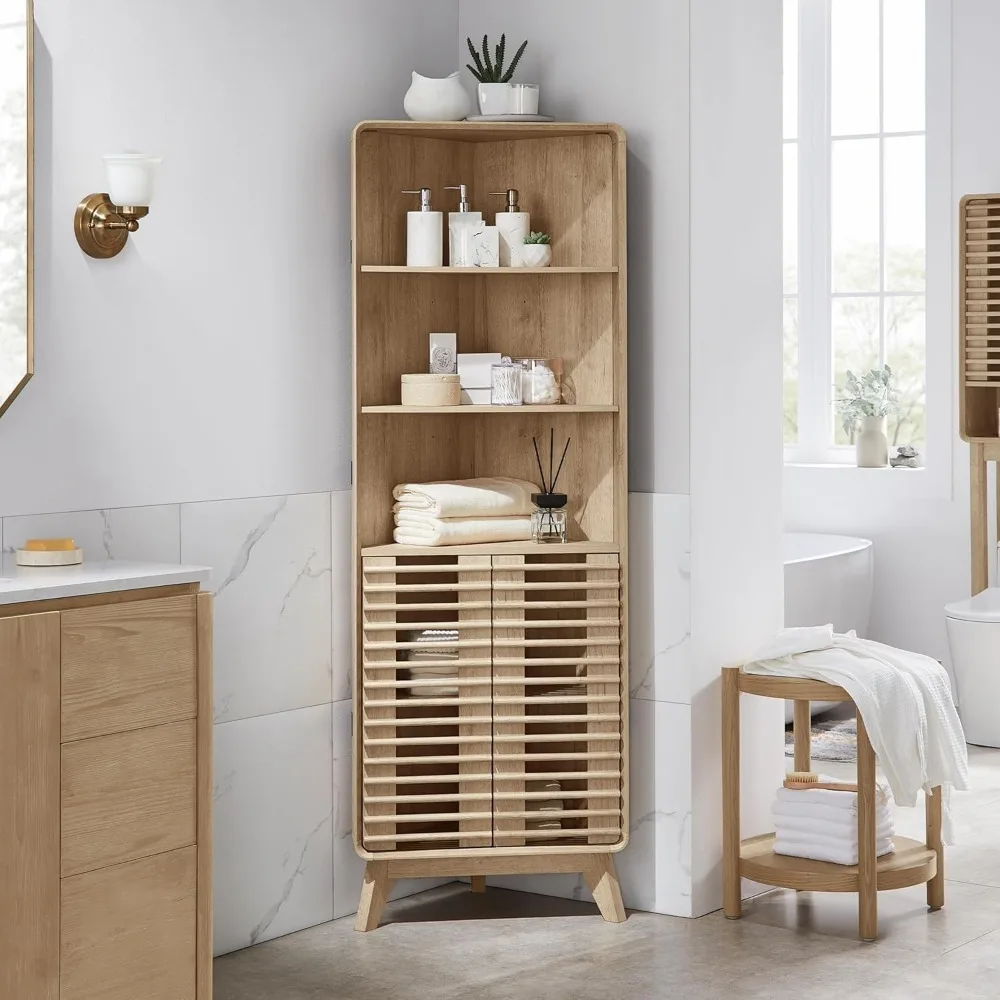 

Slatted Door Corner Cabinet, 68" Tall Mid-Century Bathroom Cabinet w/Semi-Open Cubby, Adjustable Shelves, Curved Edges, Stable
