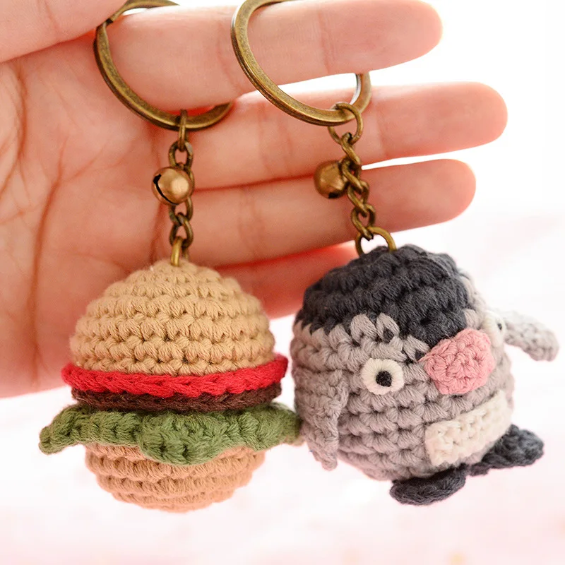 

Cute Hamburger Crochet Keychains Handmaking Knitted Fries Keychains Pendant Creative Donut Knitting Car Keys Keyrings Wholesale