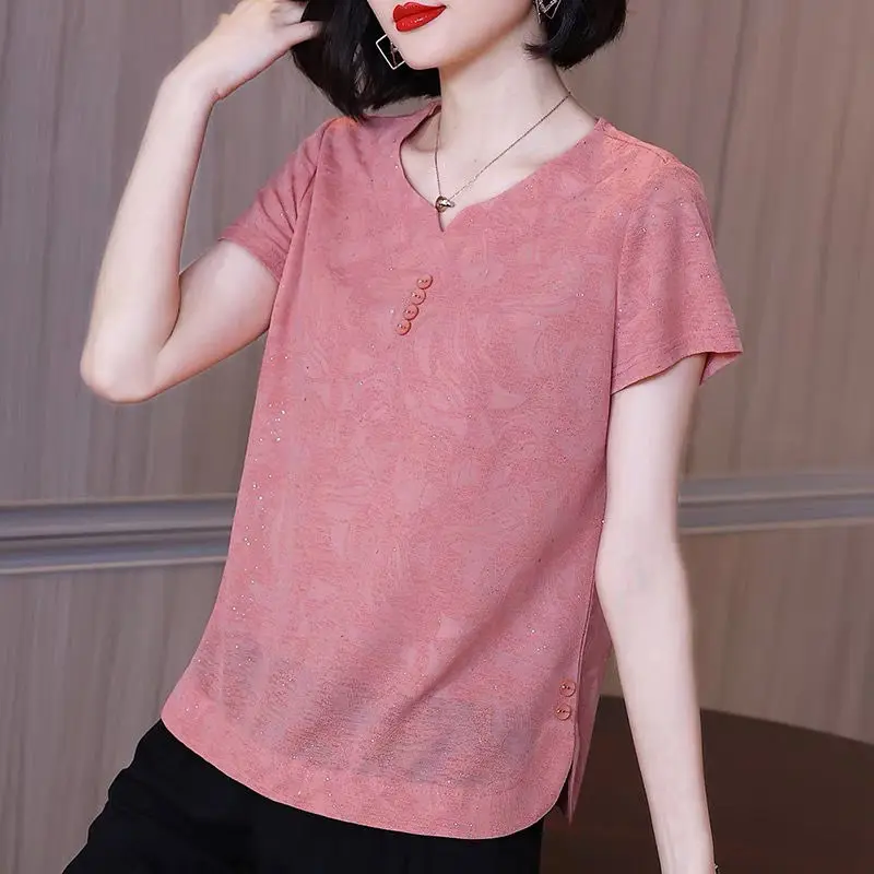 2023 Summer Korean Fashion Women\'s Rhinestone Round Neck Solid Short Sleeve T-shirts Casual Simple All Match Top Female Clothing