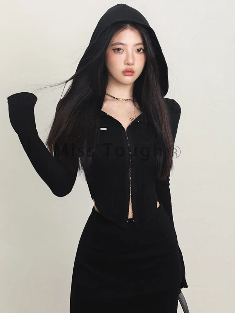 Korean Fashion Sexy Two Piece Sets Women Hooded Vintage Elegant Streetwear Midi Skirt Suit Female Autumn Winter Casual Set 2024