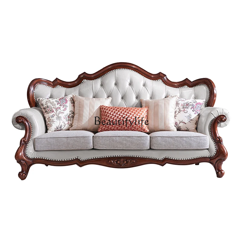 

4*American first-layer cowhide sofa simple solid wood European light luxury leather large apartment
