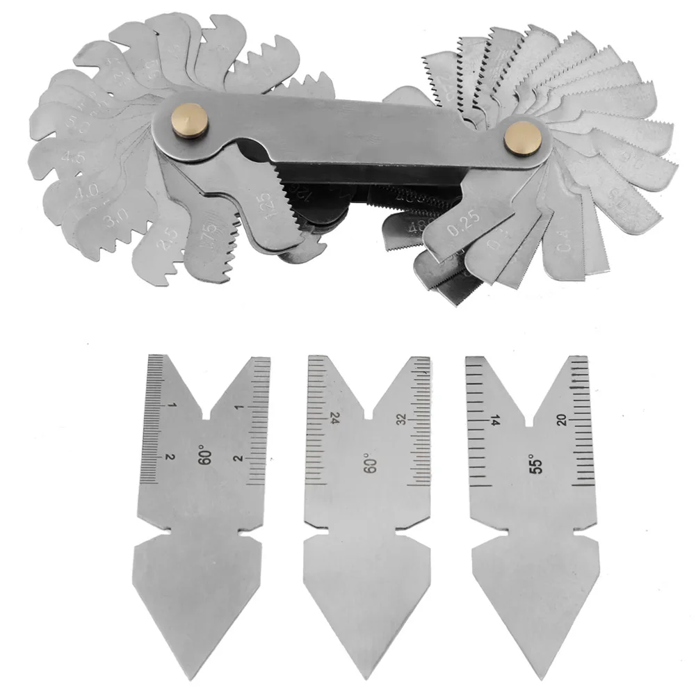 Schroefdraadsteekmeter van 52 bladeren 60 ° + 55 °   Center Meters Gereedschapsset Fishtail Gauge Pitch Gauge Schroefmeterset