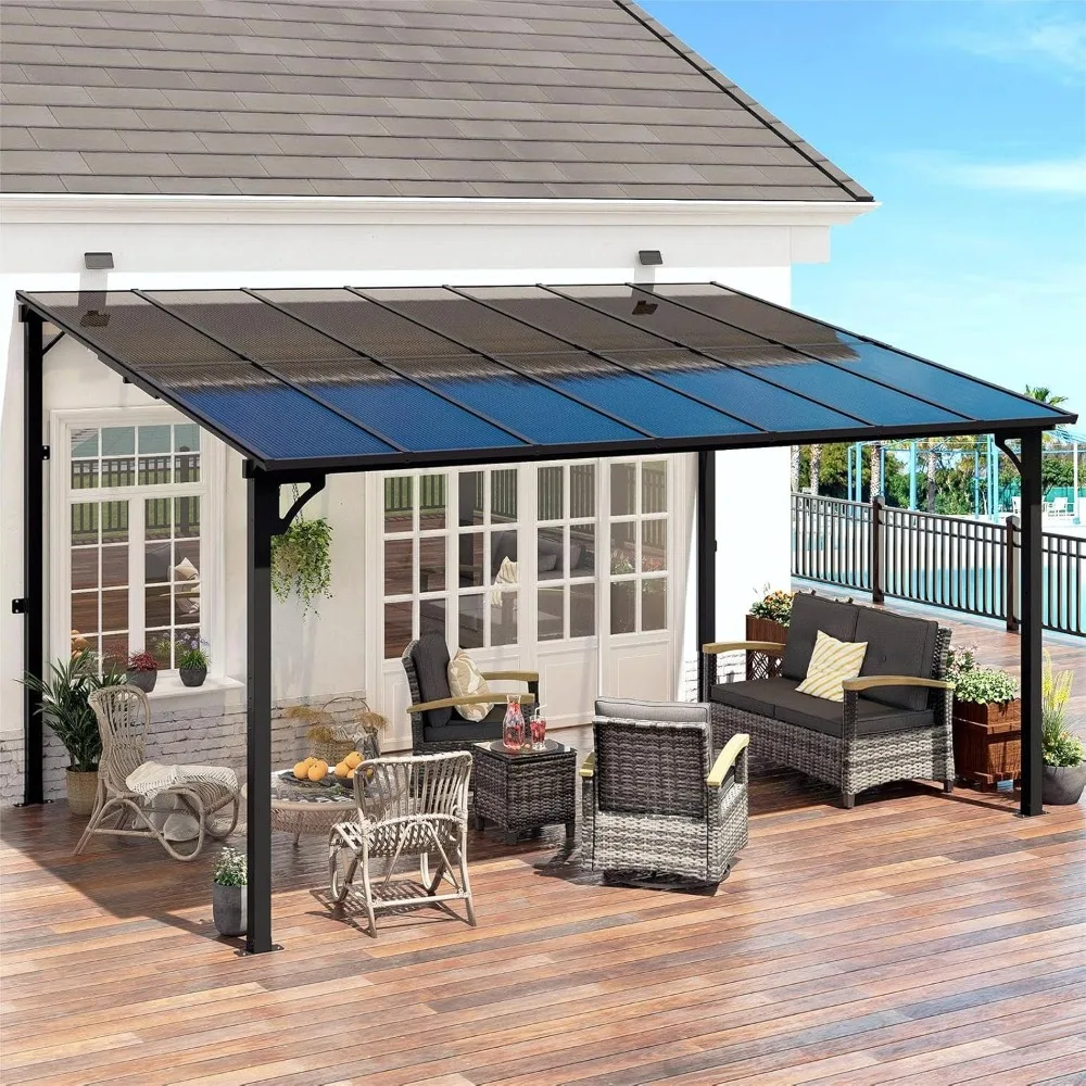 

10' x 14' Pergola with Sloped Roof, Lean to Metal Awning for Outdoor Patio, Deck