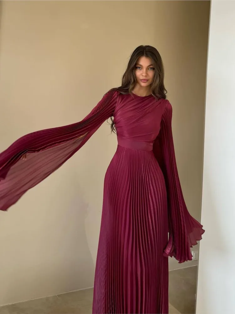 فستان أنيق ذو ثنيات بلون واحد موضة عالية الخصر فساتين سهرة طويلة ضيقة لخريف 2025 فساتين حفلات نسائية بأكمام طويلة #6