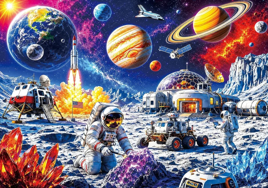 Space Adventure 500/1000/1200/2000PCS Jigsaw Puzzle Lunar Surface Astronaut Collecting Crystals Tabletop Game Decor Present