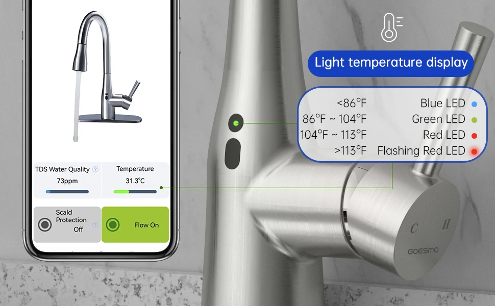 Touchless Smart Kitchen Sink Faucet, Monitoramento da Qualidade da Água, Pull Down Kitchen Tap, Sensor Infravermelho
