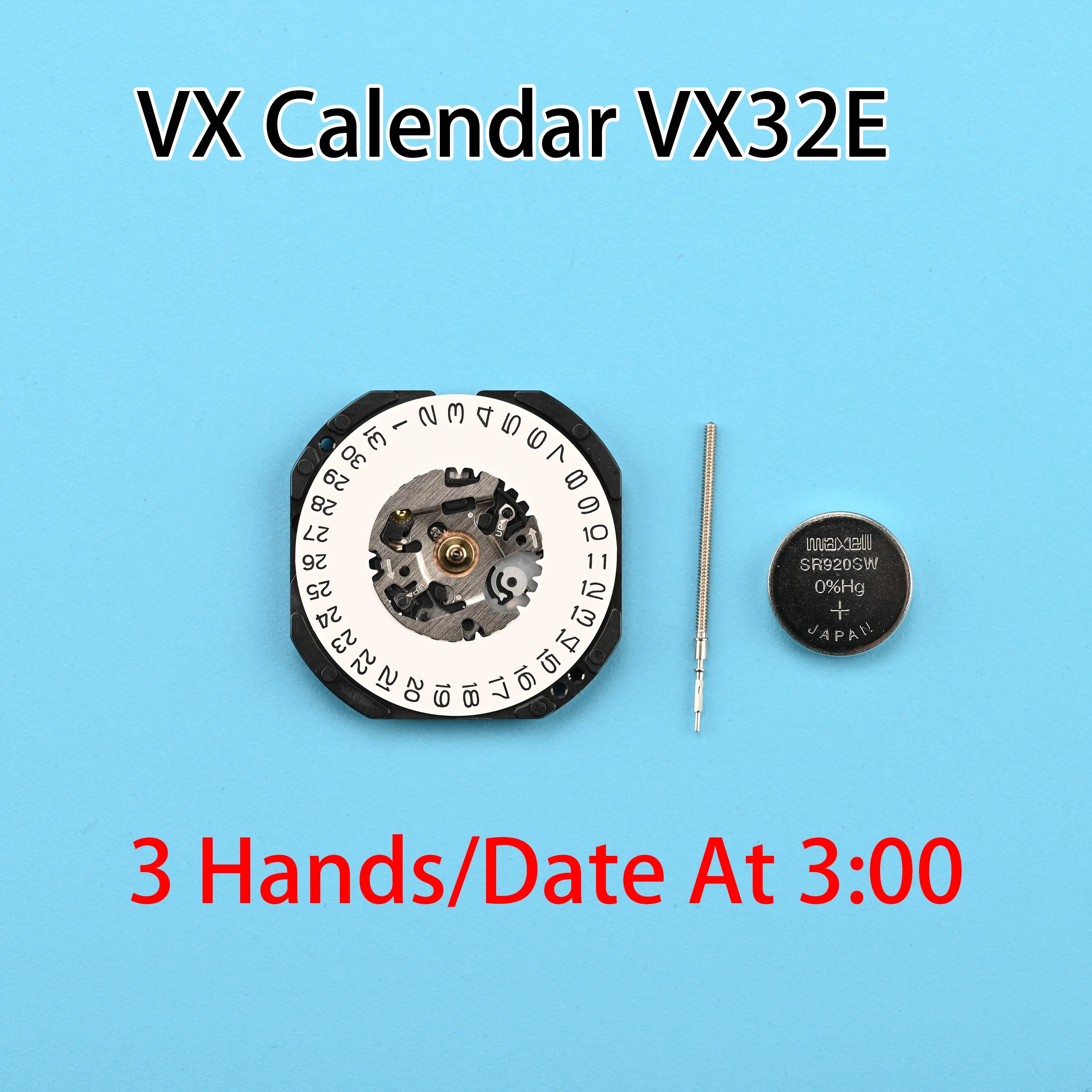 Group mouvement à quartz VX32, série VX32E, calendrier VX, taille du mouvement: 10, 1/2 pouces, 3 aiguilles, affichage de la date à 3:00