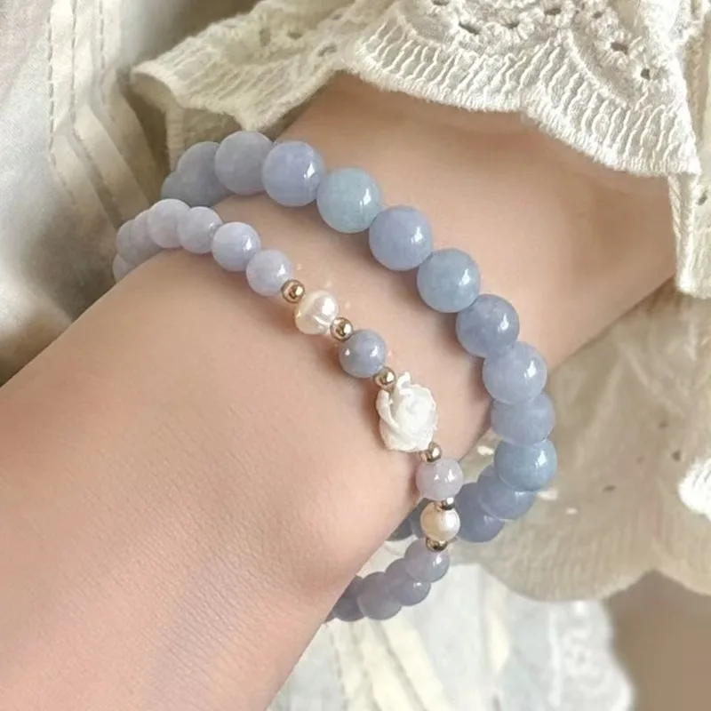 Natural Blue Turquoise & Camellia Shell Bracelet for Women – New Chinese Style Layered Stackable Bracelet, Boho Minimalist