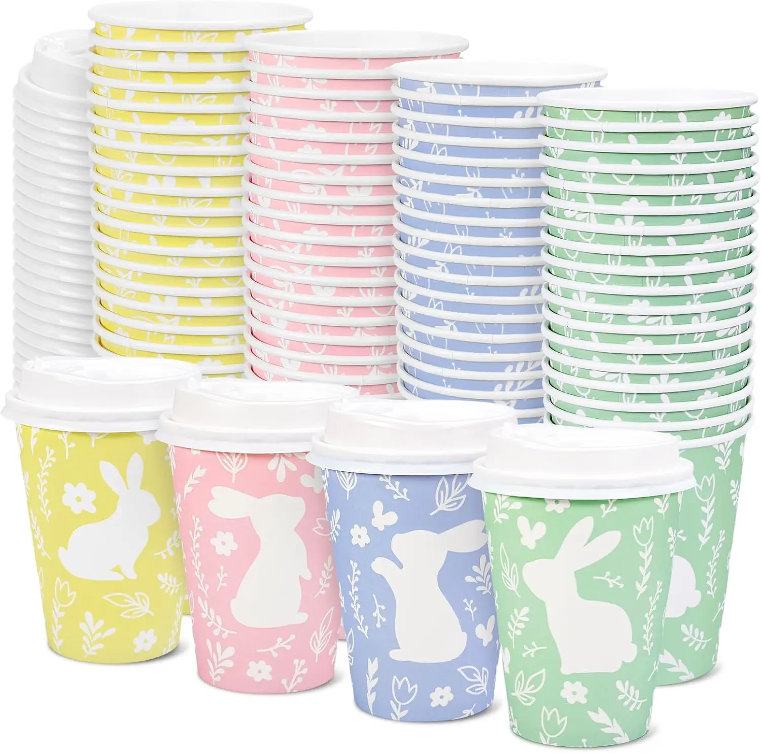 

100 Pcs 12 Oz Easter Disposable Coffee Cups with Lids Cute Colorful Bunny Rabbit Paper Drinking Cup for Spring Birthday