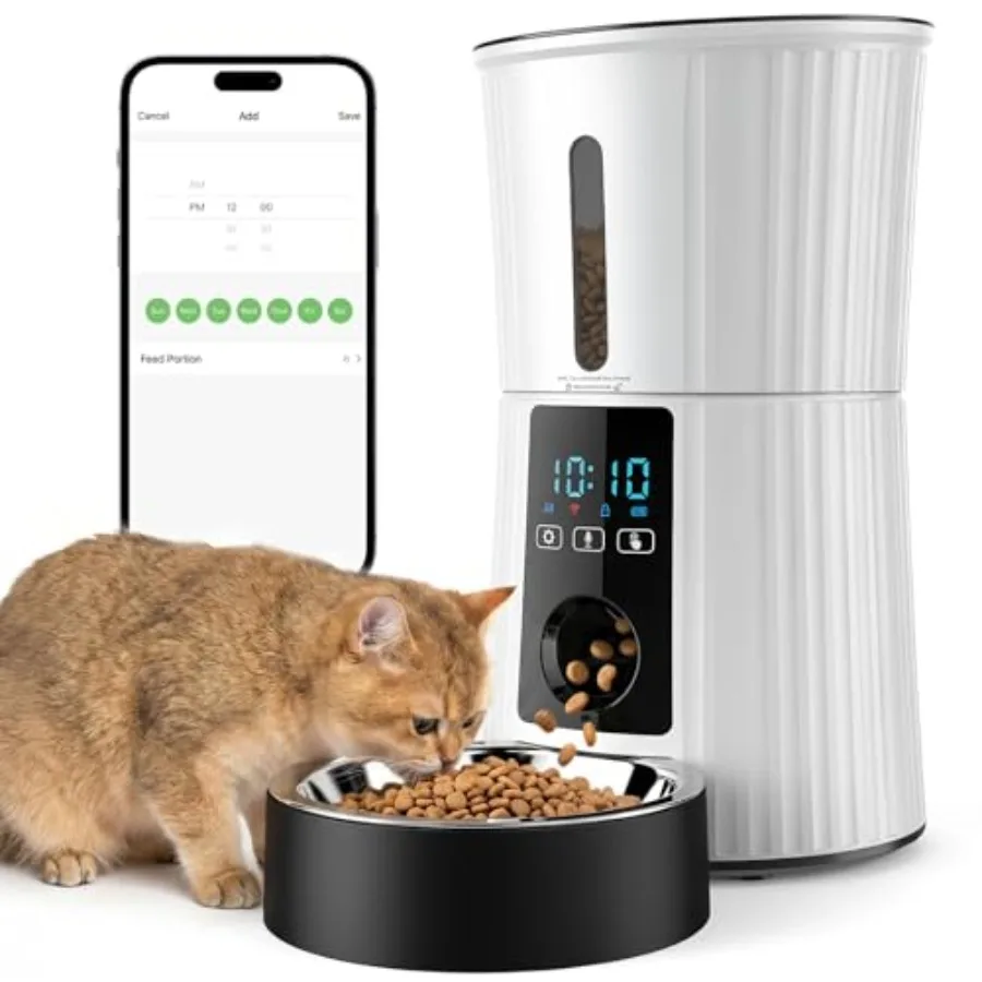 4L Automatic Cat Feeder with APP, 2.4G WiFi Pet Feeders, White Dry Food, 19.5 Cups, Programmable Schedule, 10 Meals/Day, 50 Por
