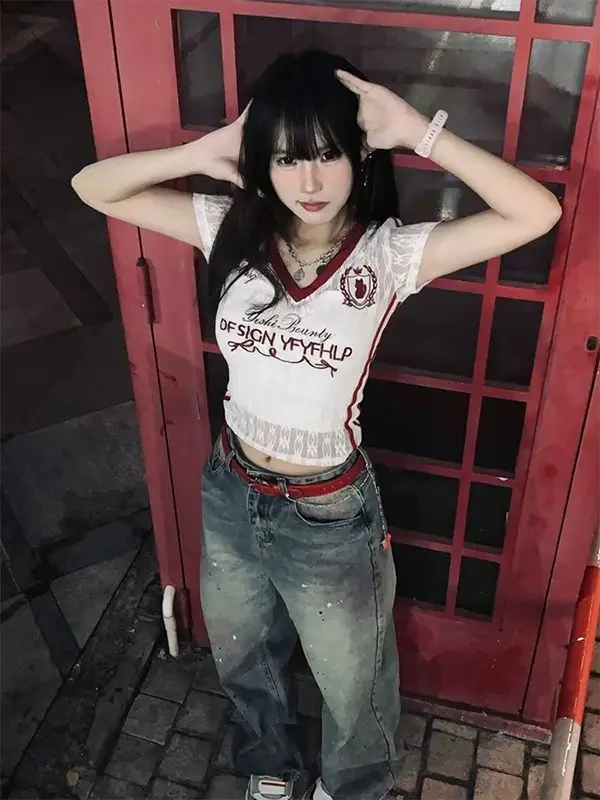 

American Retro Y2K Spicy Girl Short Sleeve T-Shirt Women Summer Slimming Pure Desire Short Style Small Top Fashion Set